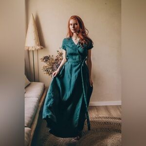 Visible (Art) Forest Green Linen Maxi Wrap Dress